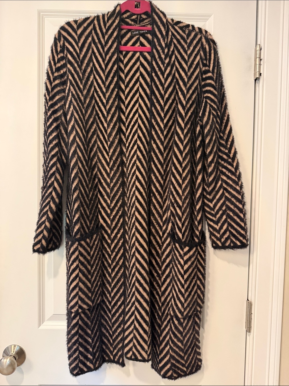 Love Token Black and Beige Chevron Long Cardigan